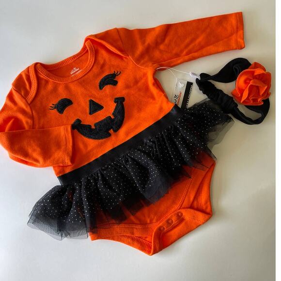 Way To Celebrate Halloween Pumpkin Bodysuit Costume 2 Piece Set 3-6 Months NEW - Picture 9 of 10